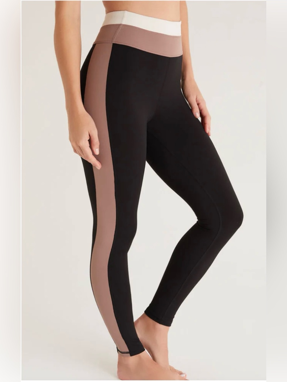 Z Supply Move With It Black Leggings with Taupe Side Stripe and Cream Waistband